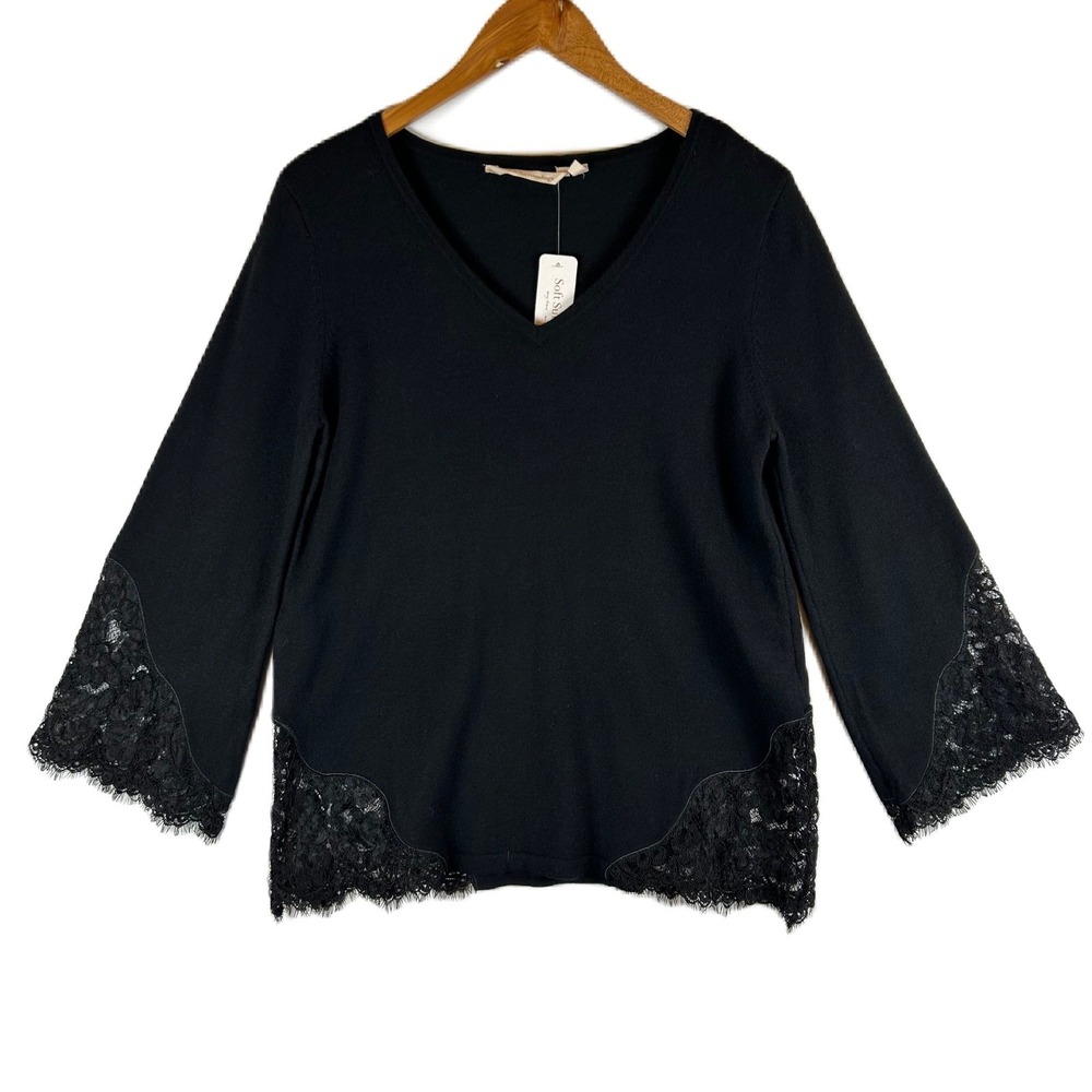 NWT Soft‎ Surroundings Small Petite Pujili Sweater Black Lace Trim V Neck Top PS